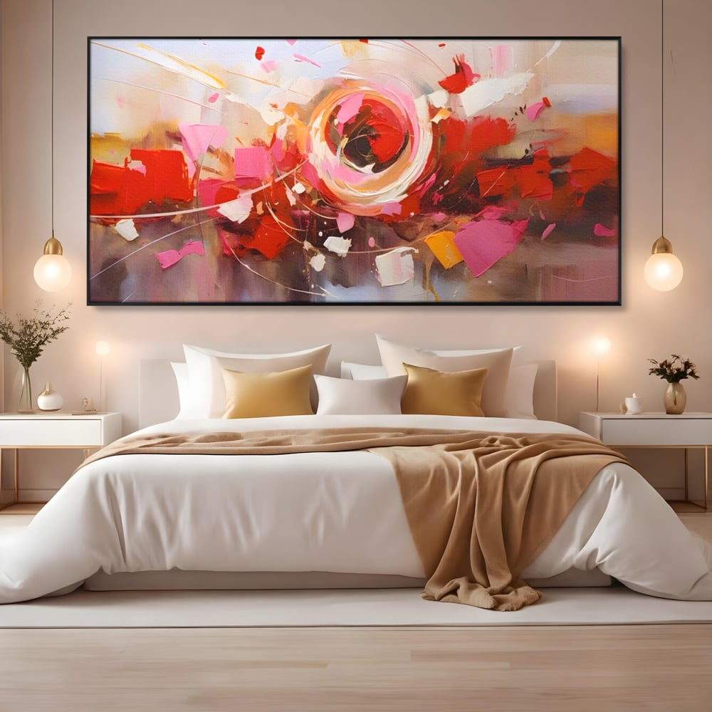 Tablou canvas cu tablou canvas cu floare abstracta si culori vibrante, in rama de aluminiu negru, pe perete intr-un dormitor